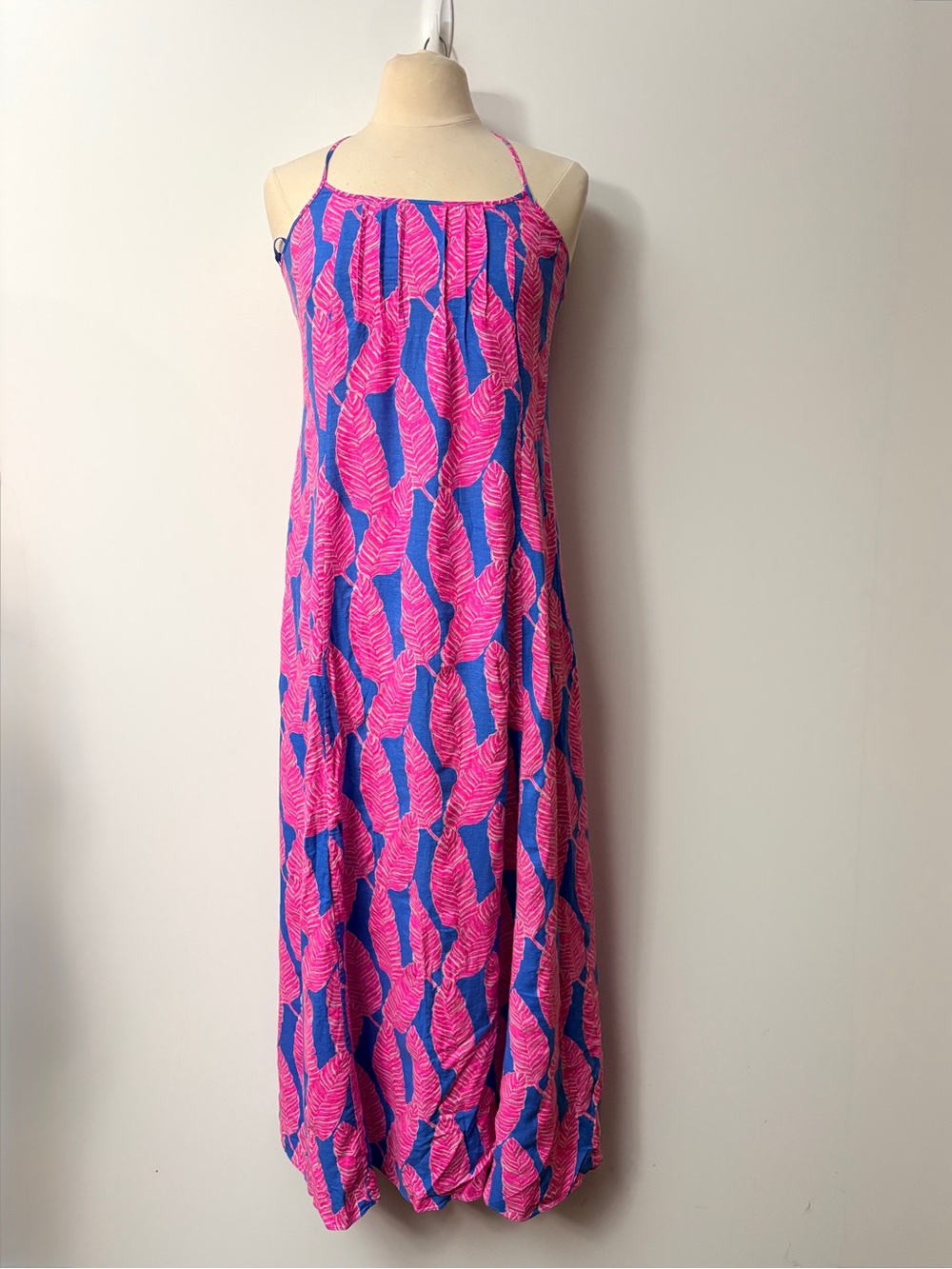 Vineyard Vines Tropical Leaf Print Maxi Dress Pink Blue Size 4 Linen Blend